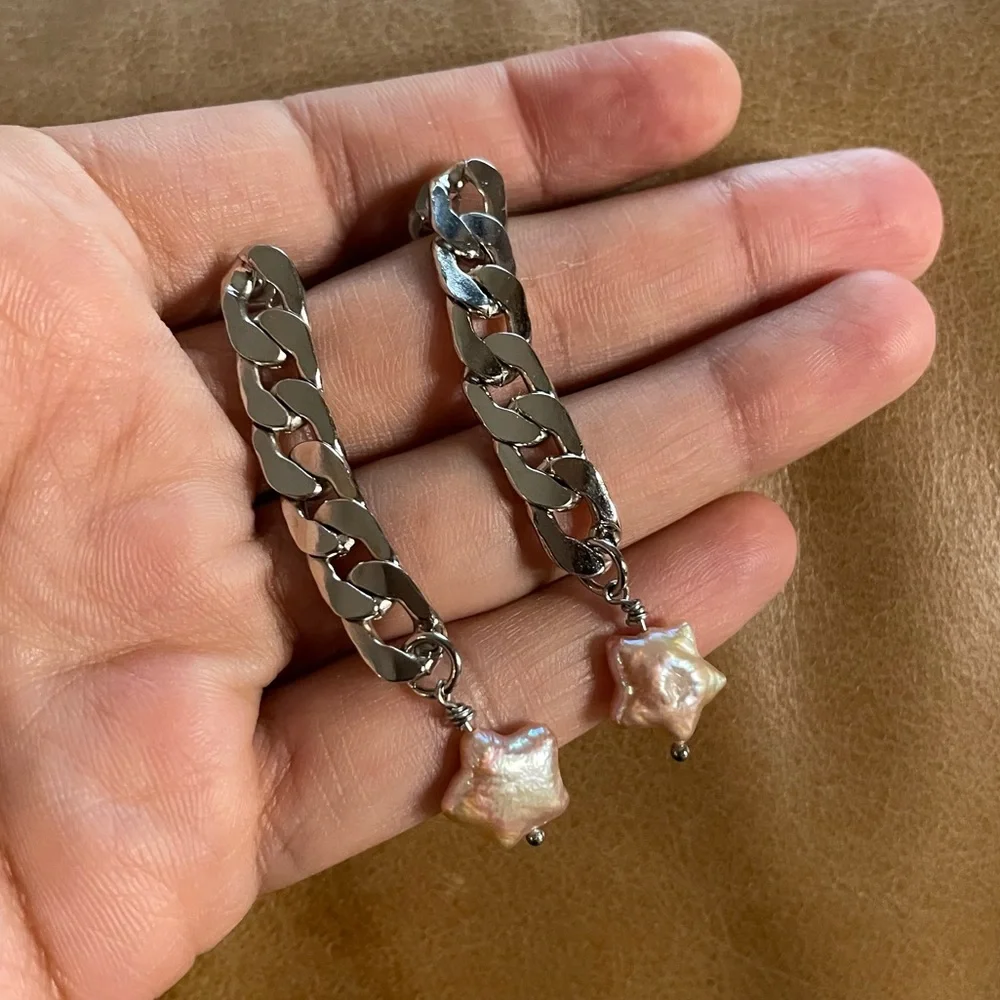 ⭐️ Star freshwater pearls curb chain post earrings silver pink Y2K boho festival - Picture 3 of 5